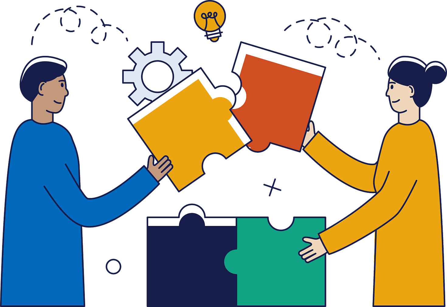 Male and female character working together to fit puzzle pieces together