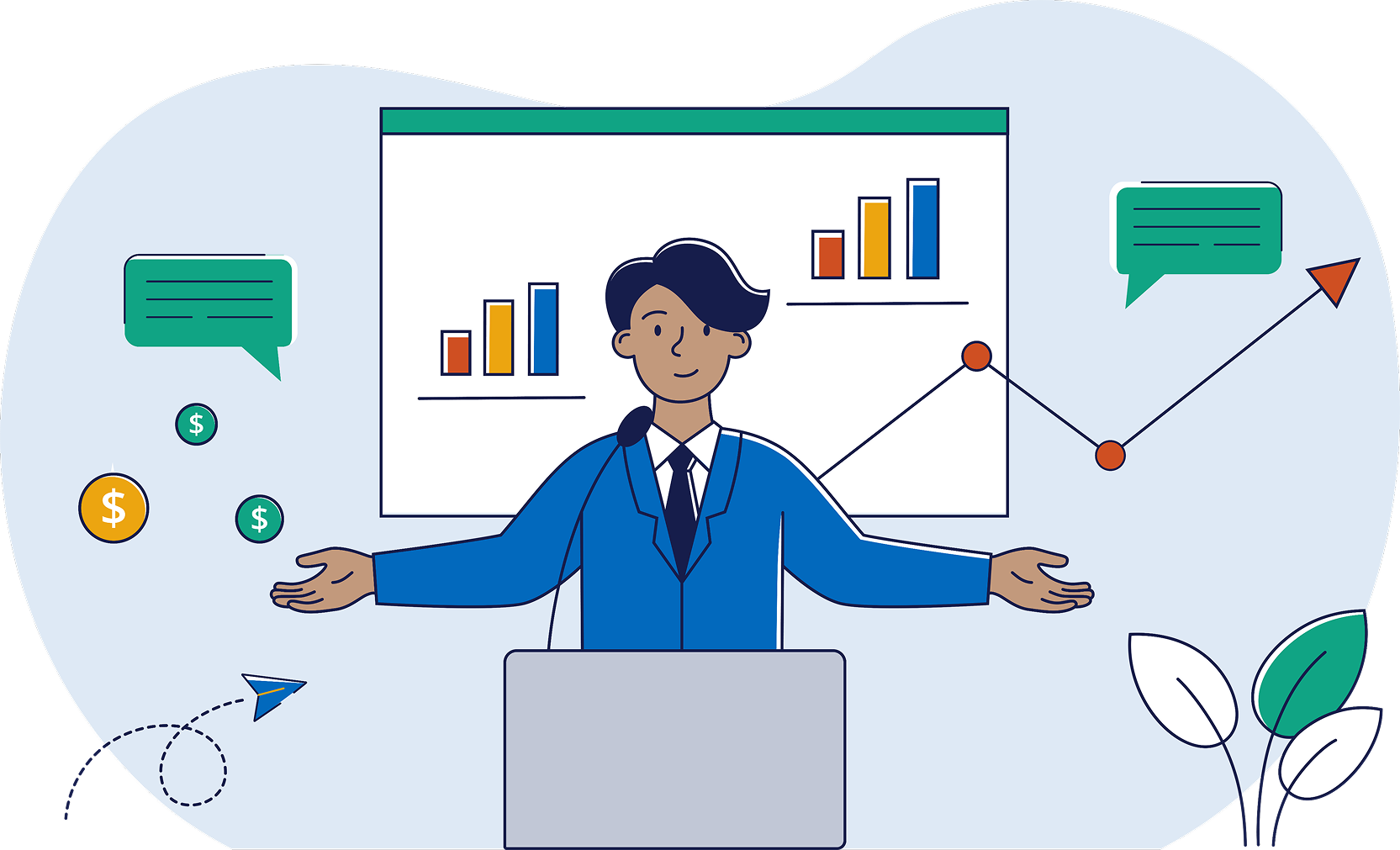 Male character at podium conducting a training presentation