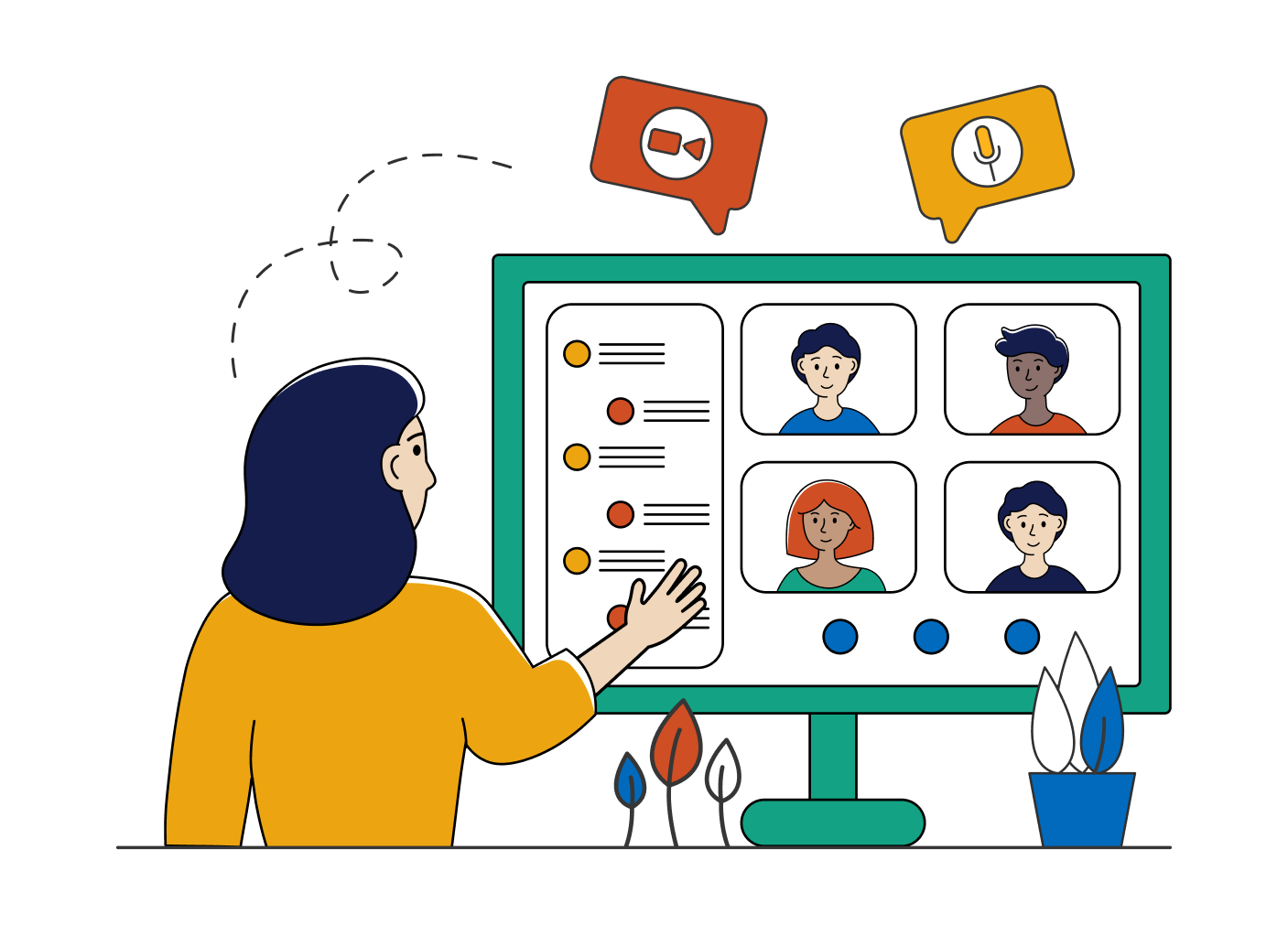 Woman leading video conference with diverse team
